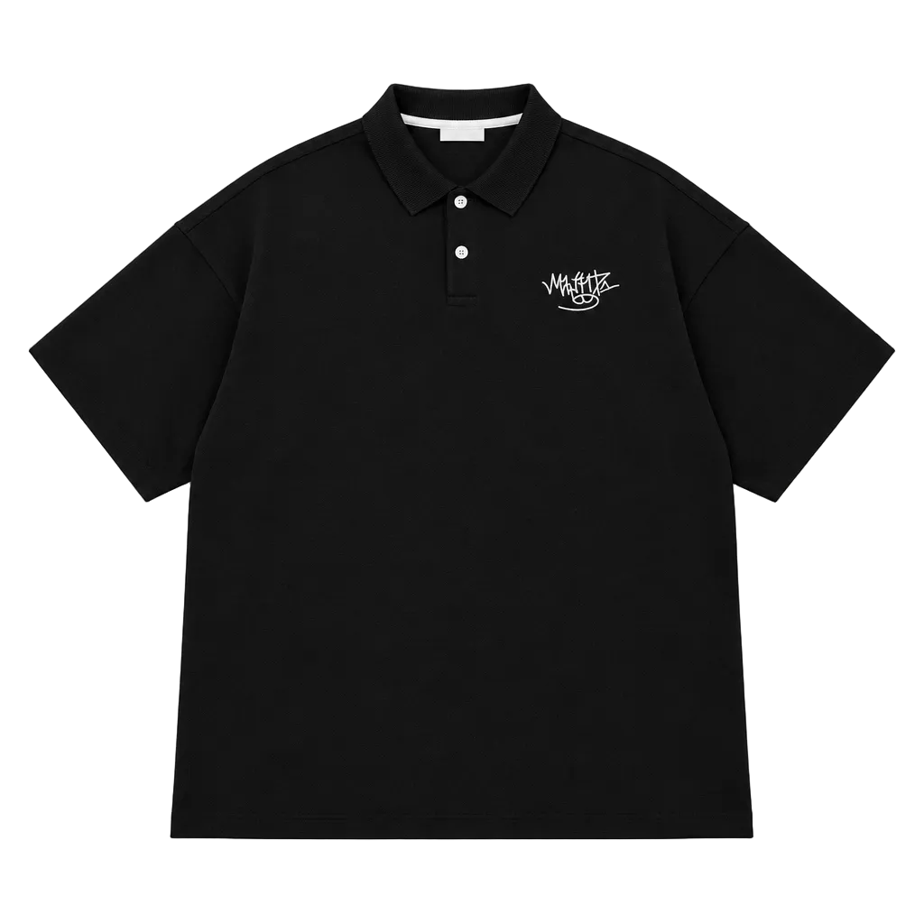 Clean flat-lay product mockup of the black baggy polo