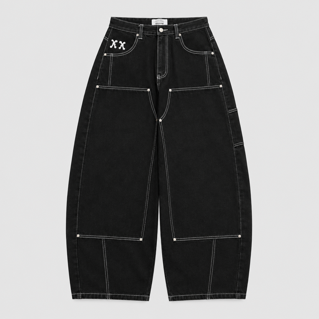 Front view of the baggy pants with legs just touching